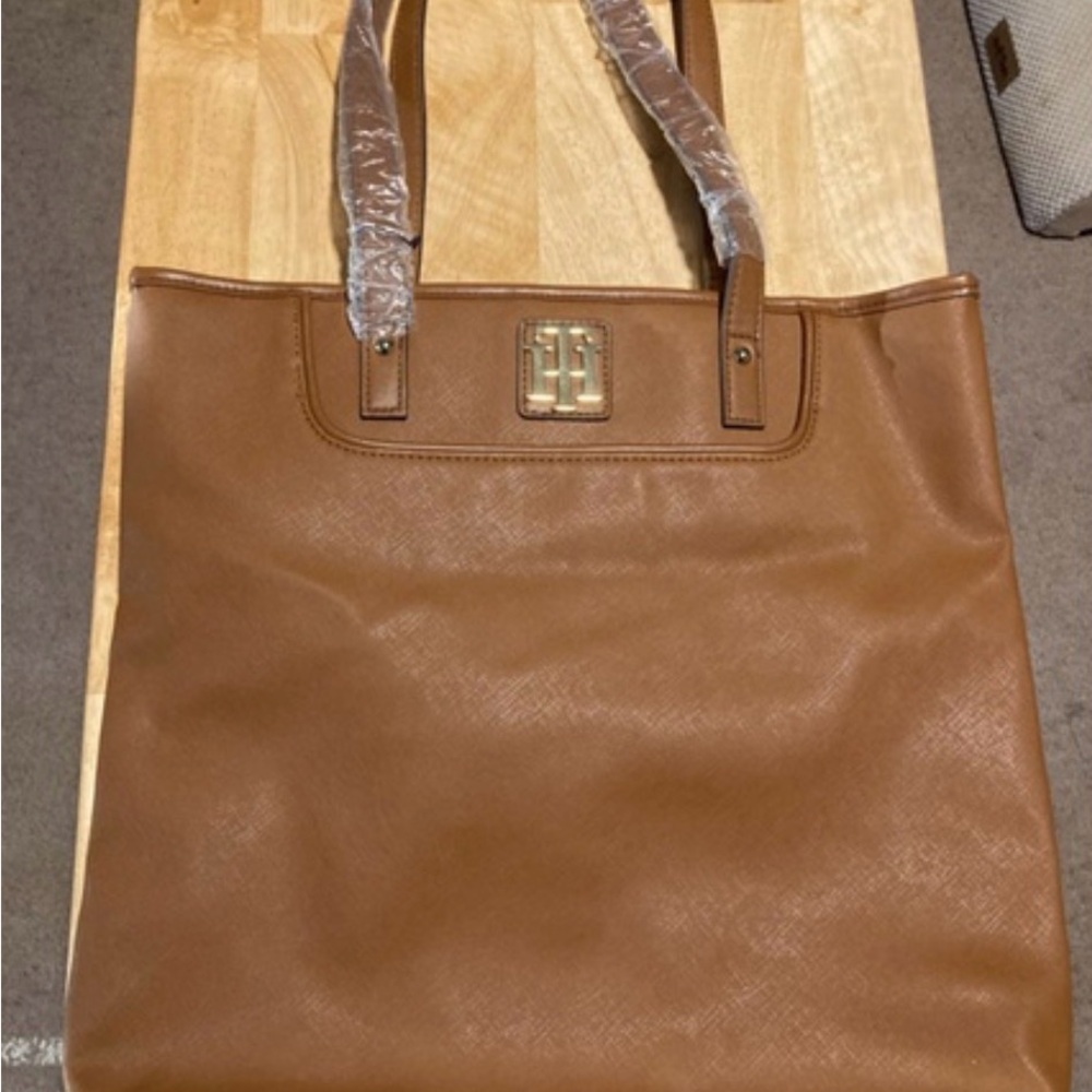 Tommy Hilfiger Tan Leather-Effect Tote Laptop Bag with Gold Logo